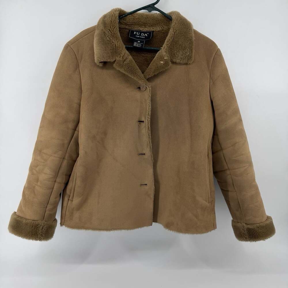 Vintage Fuda New York Womens M Brown Shearling Faux Fur Suede Coat Jacket Vegan